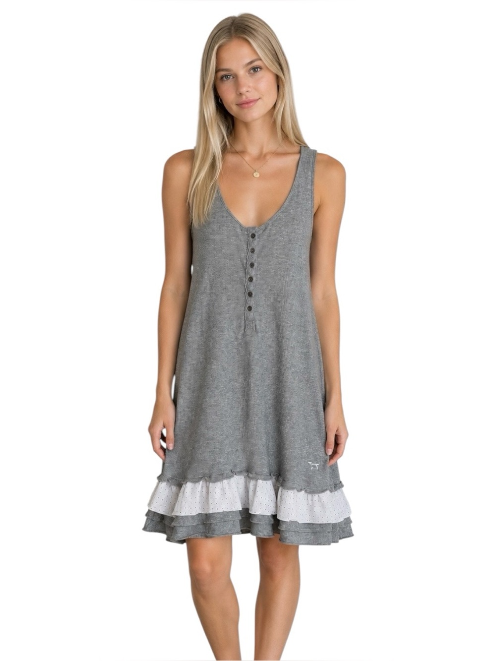 Victorias Secret PINK 2000s Gray Henley Babydoll Tank Dress Size Small RuffleY2K